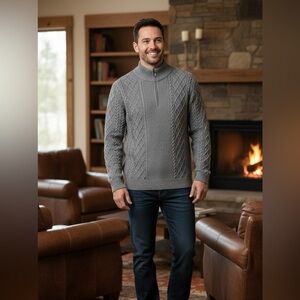 Paul Jones Gray Cable Knit Quarter Zip Pullover Sweater Fisherman Men's Size XL